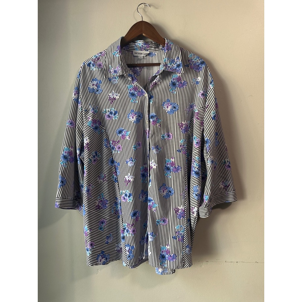 Southern Lady Floral Striped Button Down Blouse 3X Blue Purple Mixed Print Top